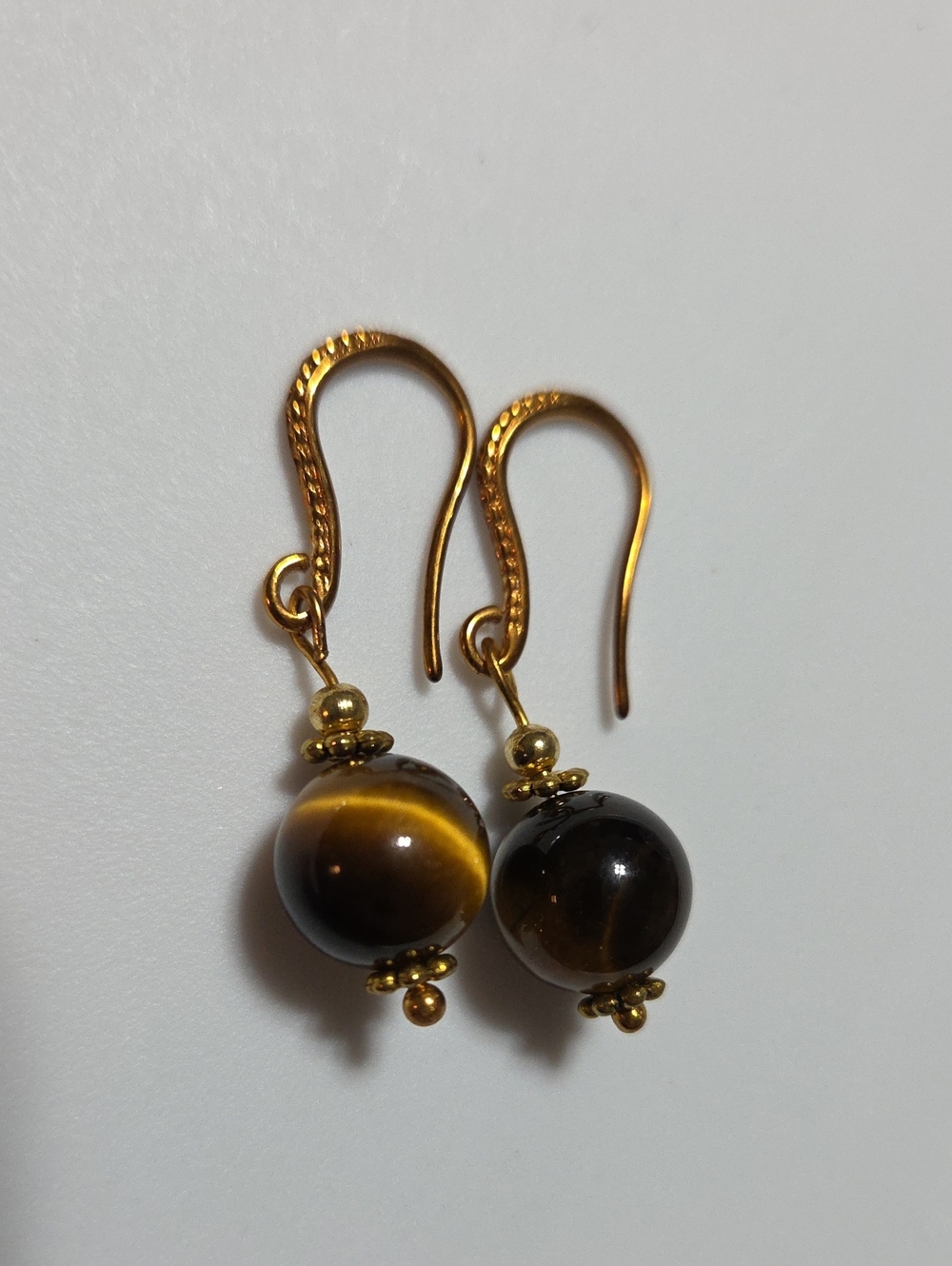New Tiger Eye Gemstone Bead Dangle Earrings‎ Gold Tone Artisan Boho Handmade